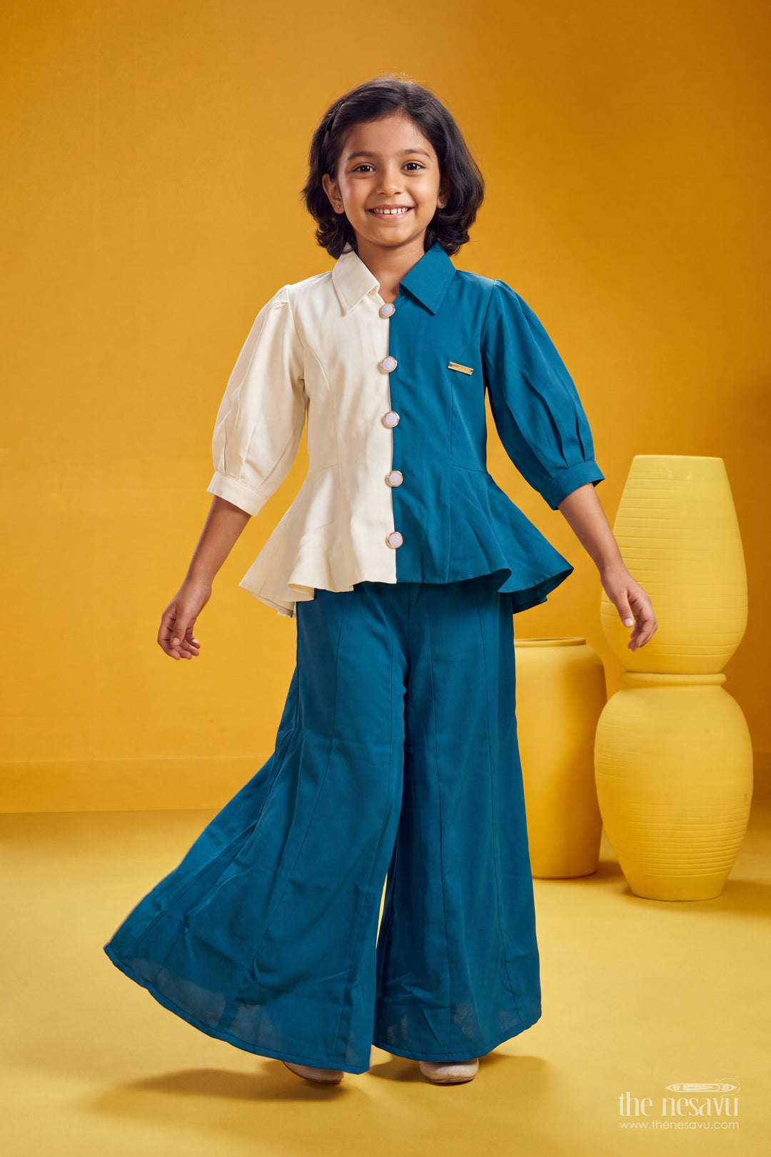 Girls Teal Blue Cotton Blend Two Tone Peplum Co Ord Set