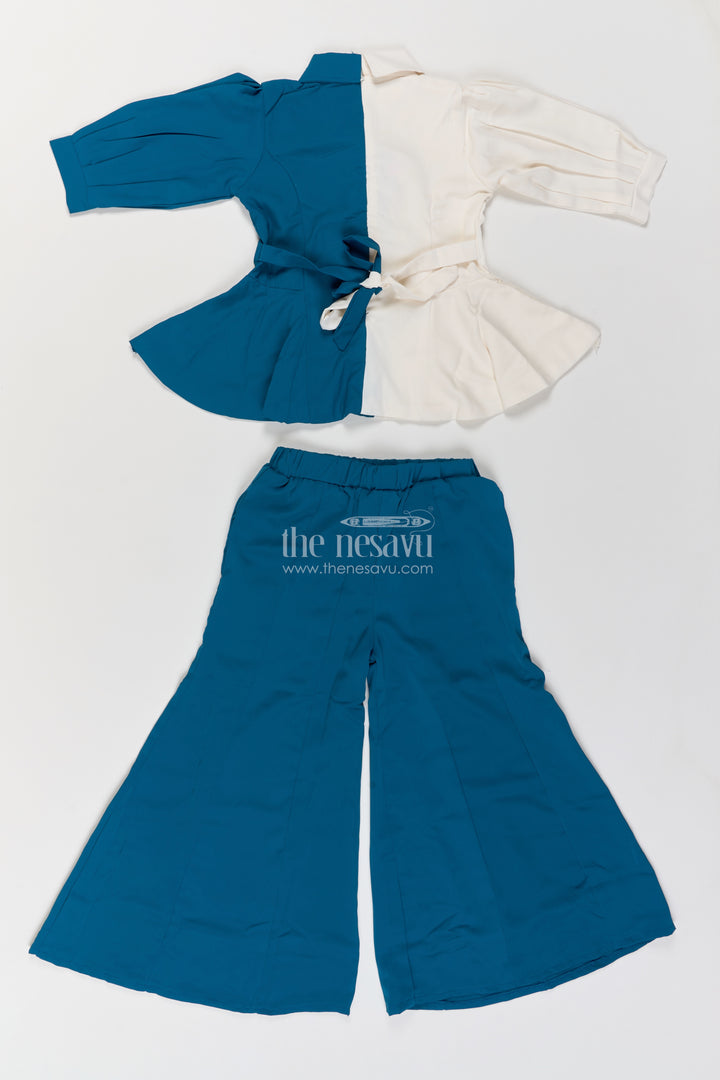 Girls Teal Blue Cotton Blend Two Tone Peplum Co Ord Set