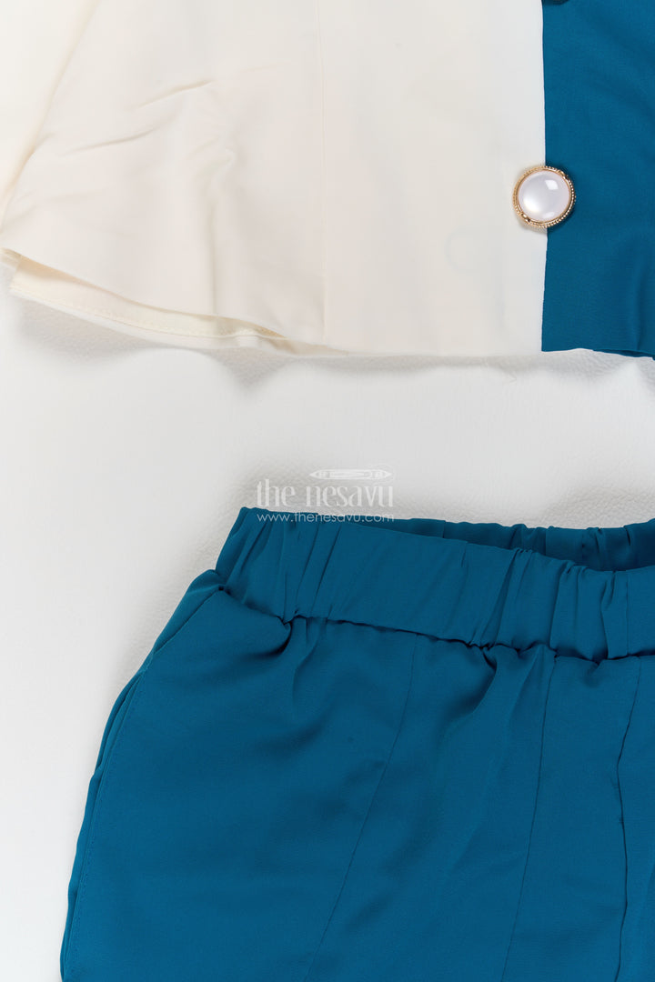 Girls Teal Blue Cotton Blend Two Tone Peplum Co Ord Set