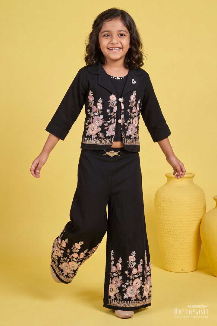 Girls Black Floral Lapel Cotton Blend Co Ord Set