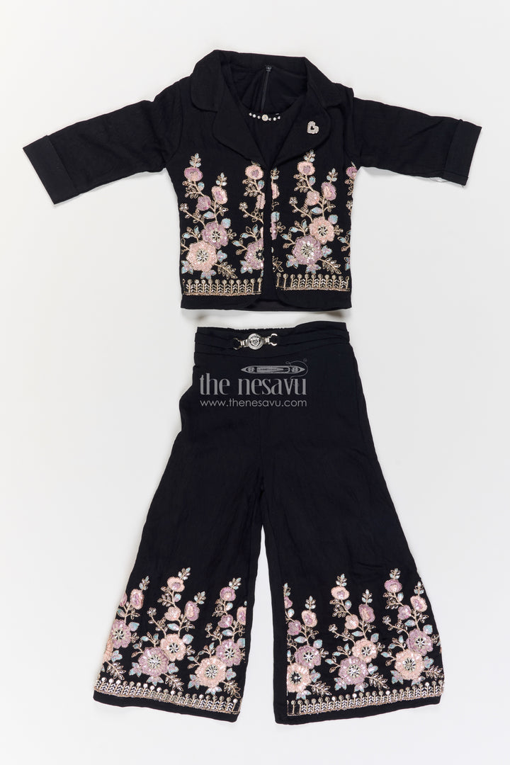 Girls Black Floral Lapel Cotton Blend Co Ord Set