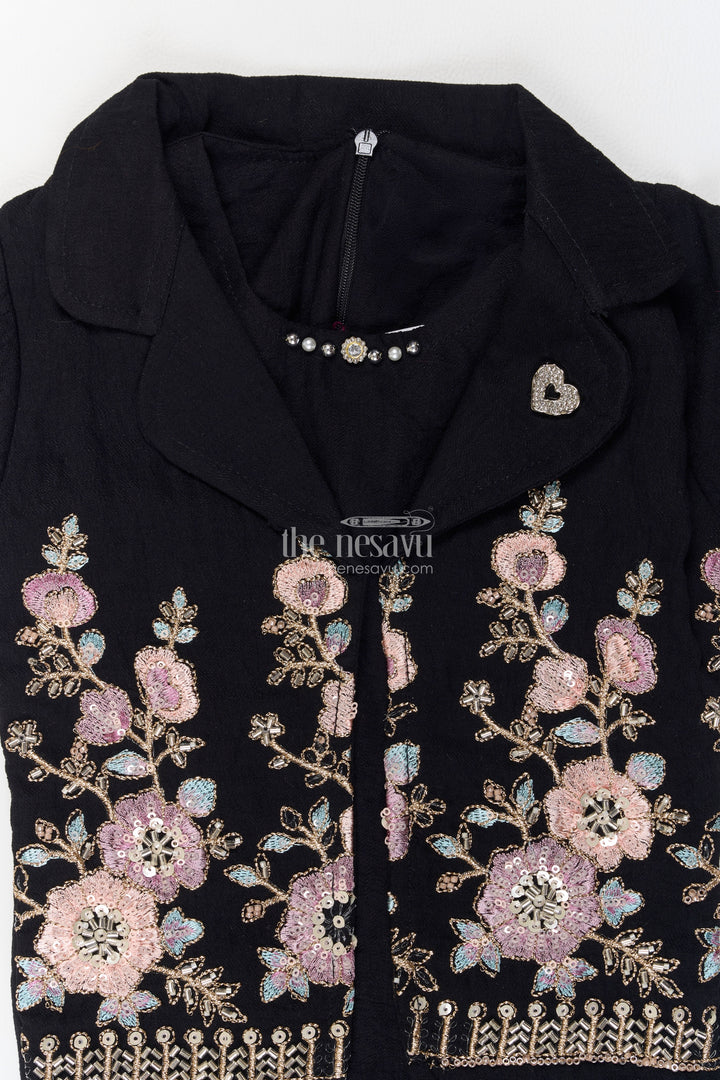Girls Black Floral Lapel Cotton Blend Co Ord Set