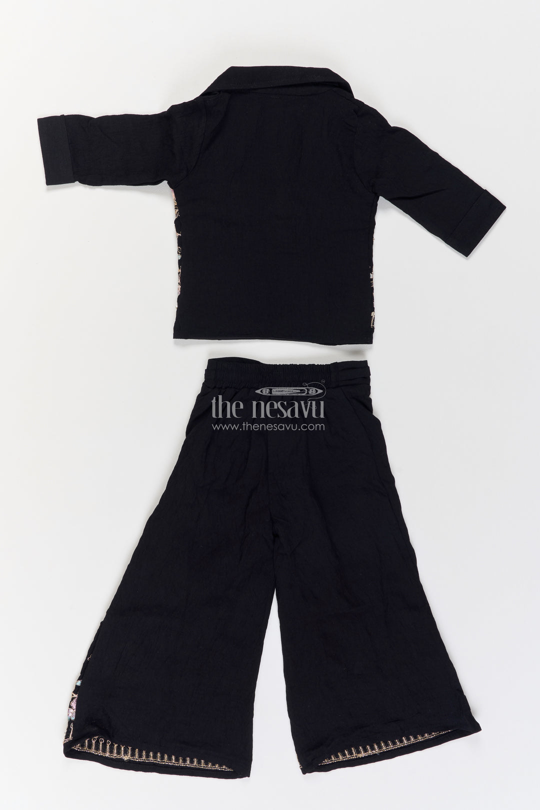 Girls Black Floral Lapel Cotton Blend Co Ord Set