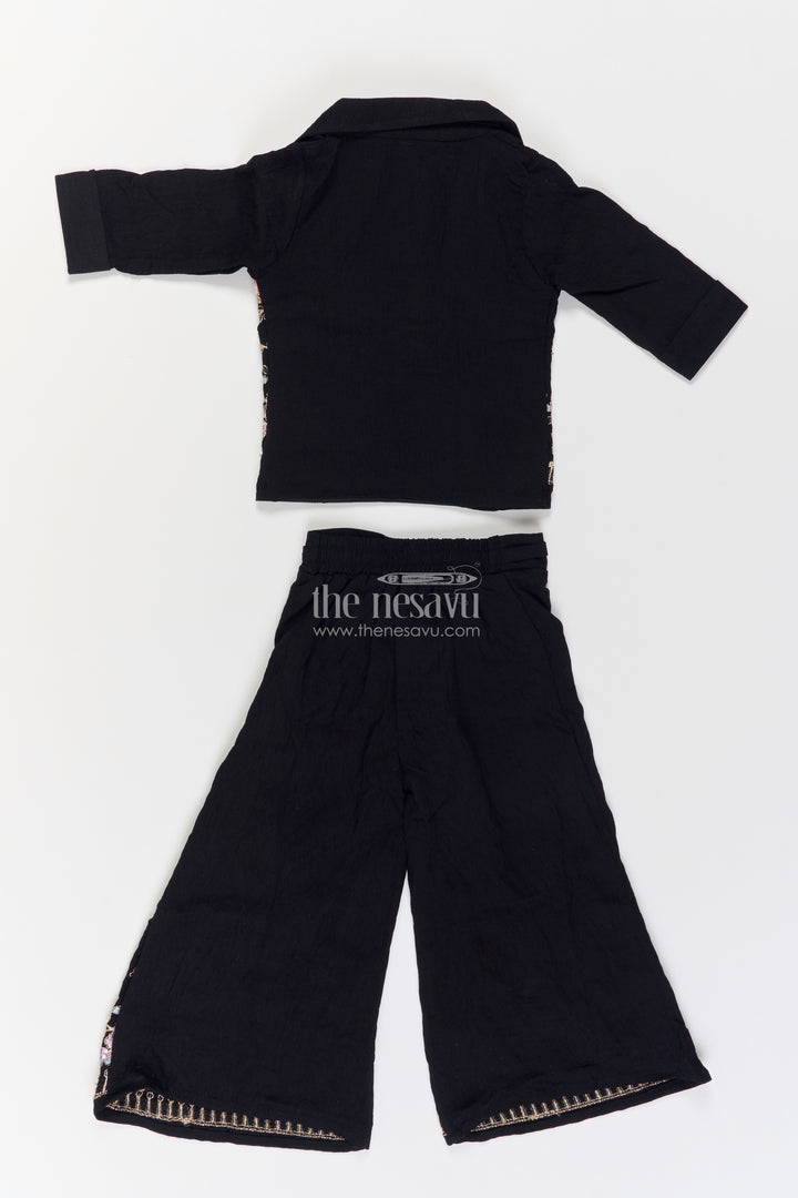 Girls Black Floral Lapel Cotton Blend Co Ord Set