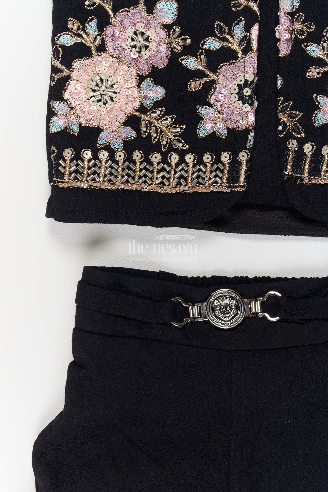 Girls Black Floral Lapel Cotton Blend Co Ord Set