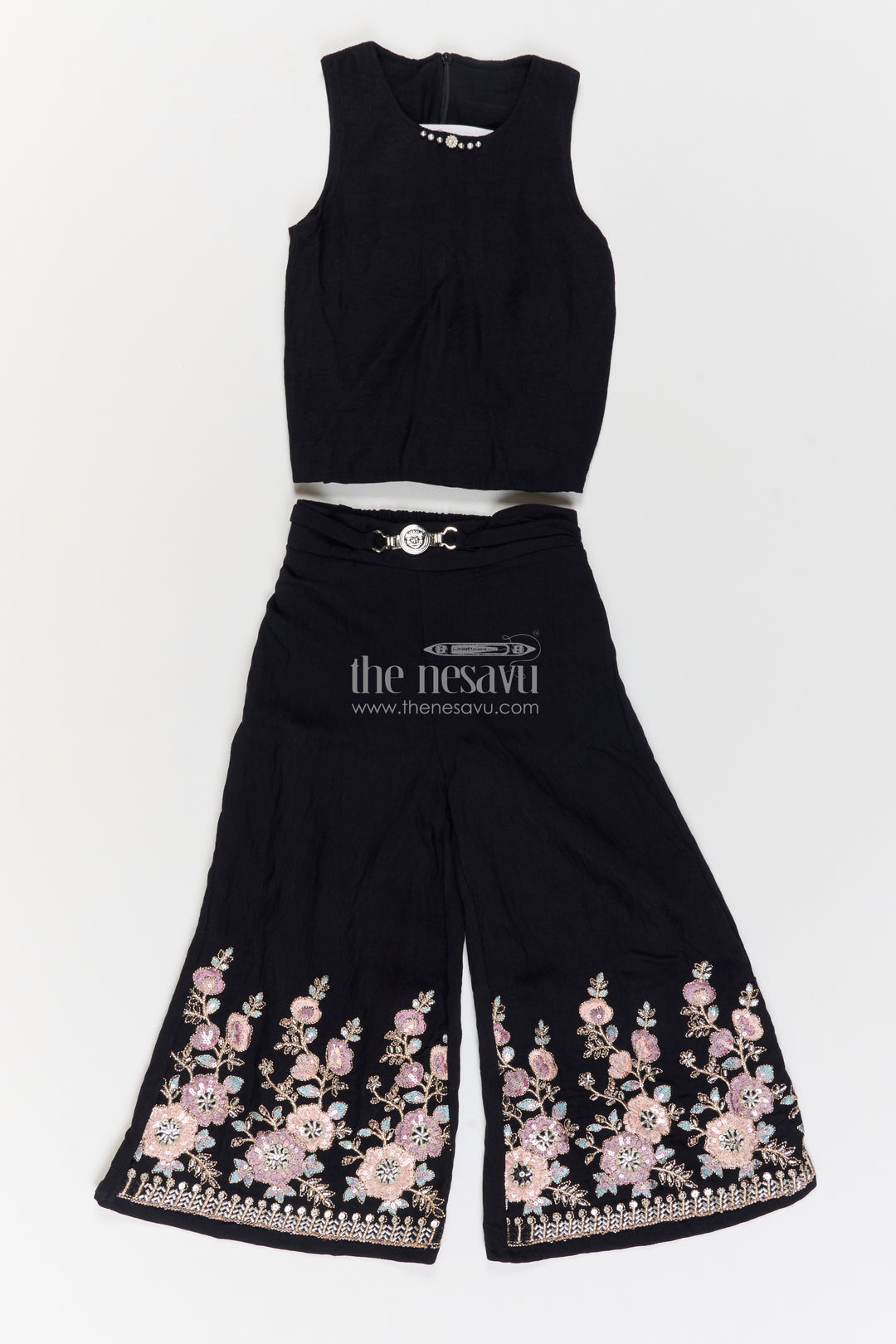 Girls Black Floral Lapel Cotton Blend Co Ord Set