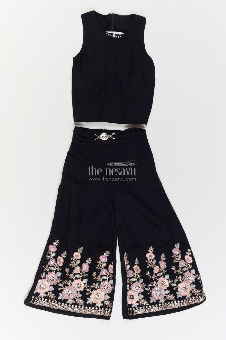 Girls Black Floral Lapel Cotton Blend Co Ord Set