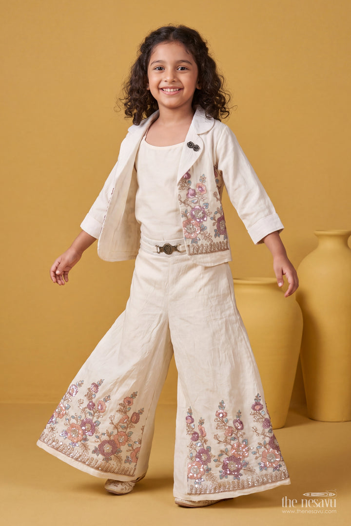 Girls Cotton Blend Co Ord Set in Ivory with Botanical Lapel