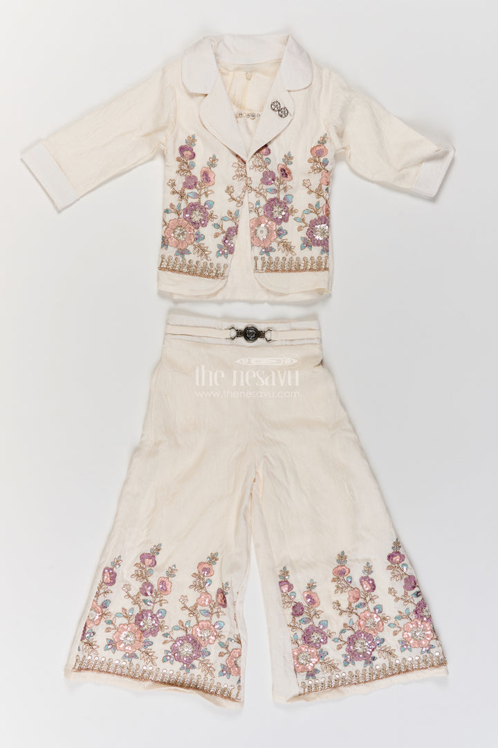 Girls Cotton Blend Co Ord Set in Ivory with Botanical Lapel