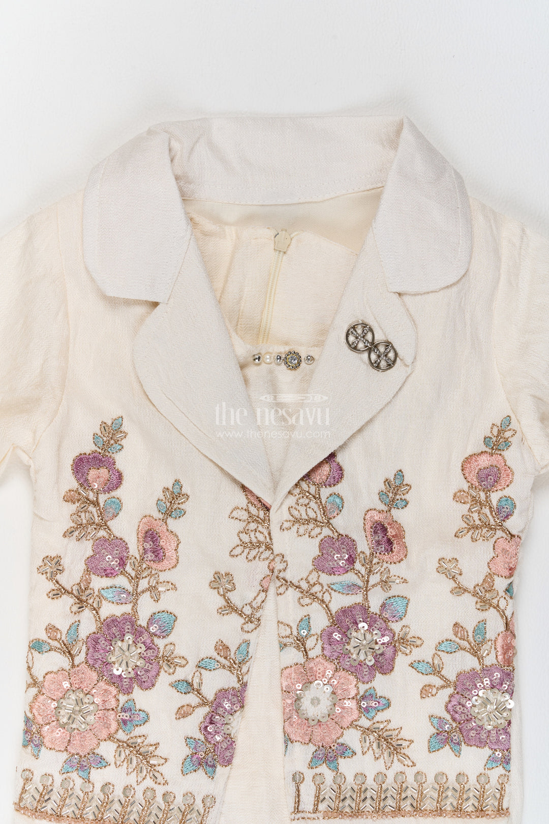 Girls Cotton Blend Co Ord Set in Ivory with Botanical Lapel