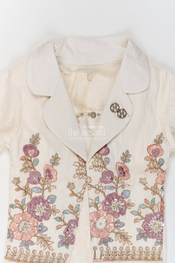 Girls Cotton Blend Co Ord Set in Ivory with Botanical Lapel
