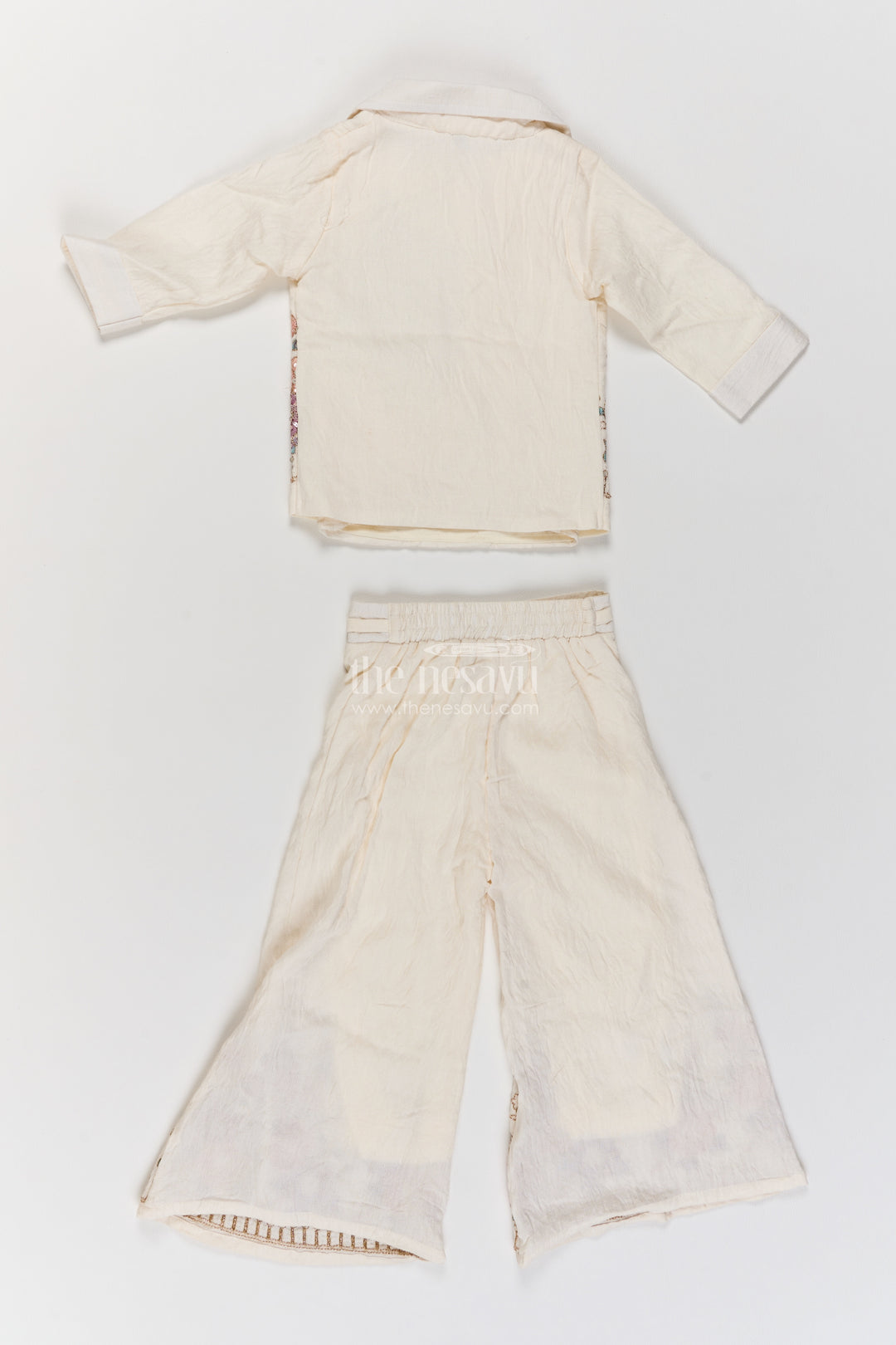 Girls Cotton Blend Co Ord Set in Ivory with Botanical Lapel