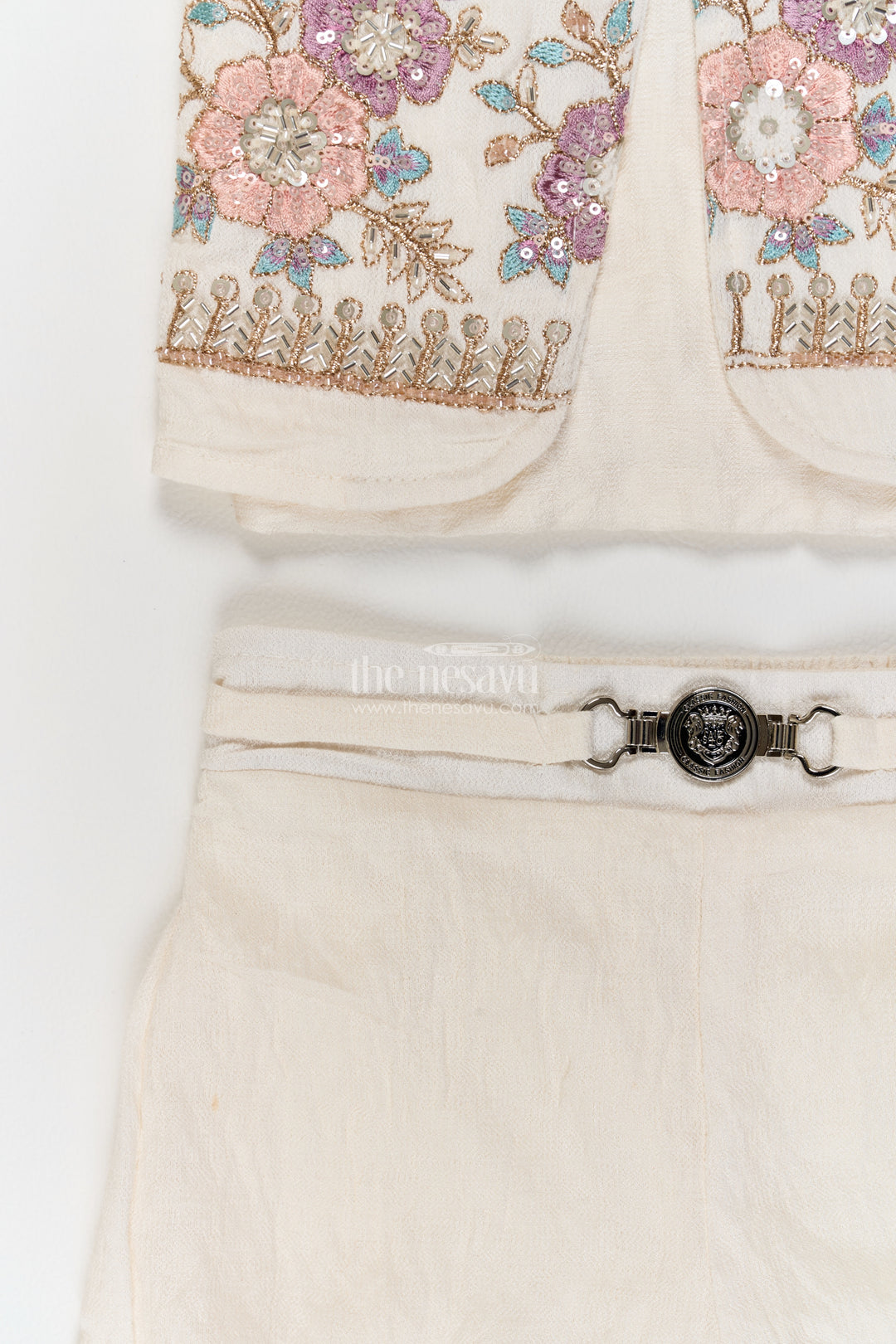 Girls Cotton Blend Co Ord Set in Ivory with Botanical Lapel