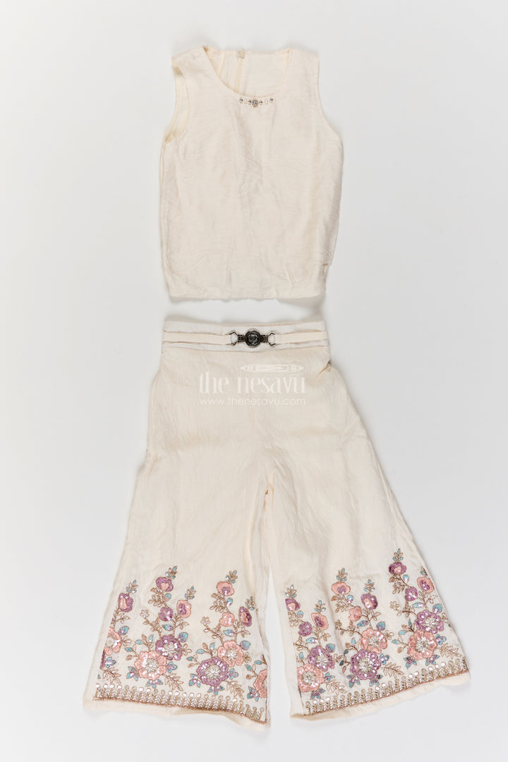 Girls Cotton Blend Co Ord Set in Ivory with Botanical Lapel