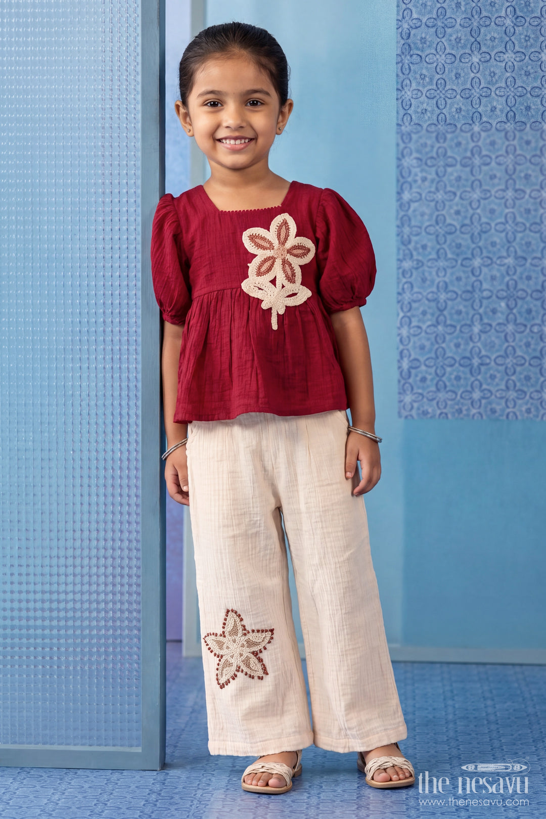 Girls Co Ord Set in Maroon with Thread Embroidery