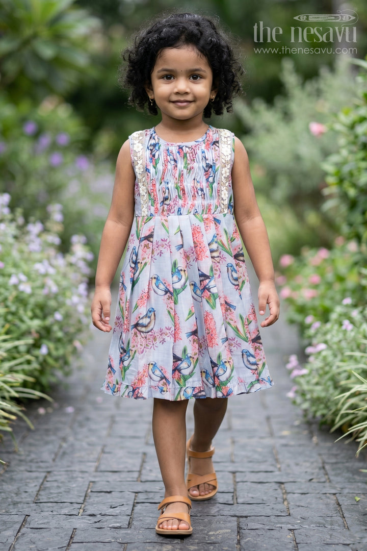 Charming Bird &amp; Floral Printed Cotton Frock for Girlsfresh Spring Collection