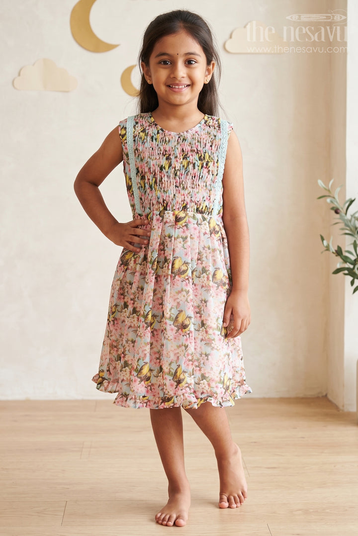 Enchanting Blossom and Bird Print Cotton Frock for Girls