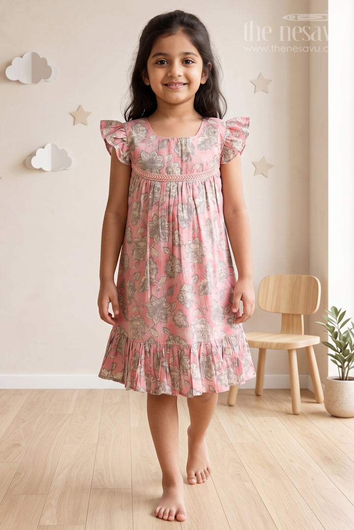 Pink Floral Printed Cotton Frock for Girls