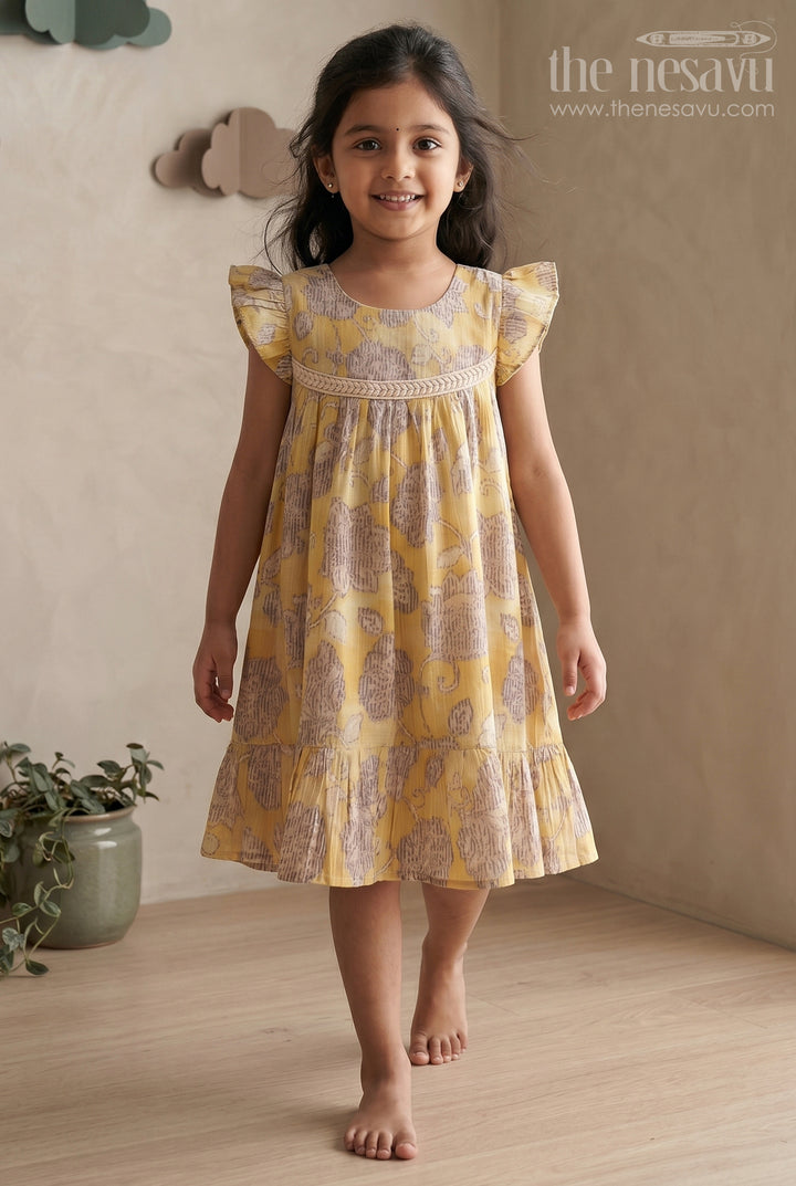 Yellow Floral Printed Cotton Frock for Girls