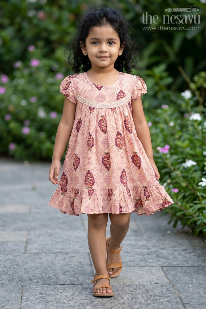 Beige Printed Cotton Frock for Girls