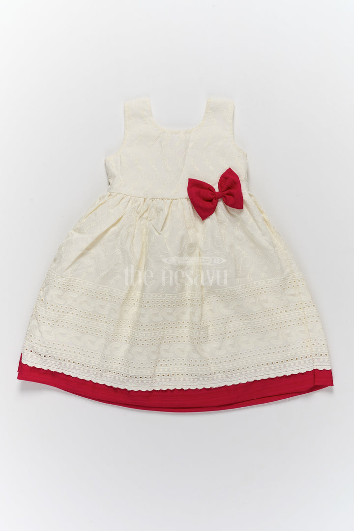 Cotton Ke Gown with Elegant Hakoba Embroidery and Red Bow for Girls