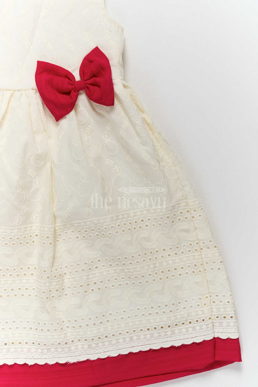 Cotton Ke Gown with Elegant Hakoba Embroidery and Red Bow for Girls