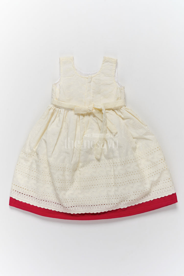 Cotton Ke Gown with Elegant Hakoba Embroidery and Red Bow for Girls