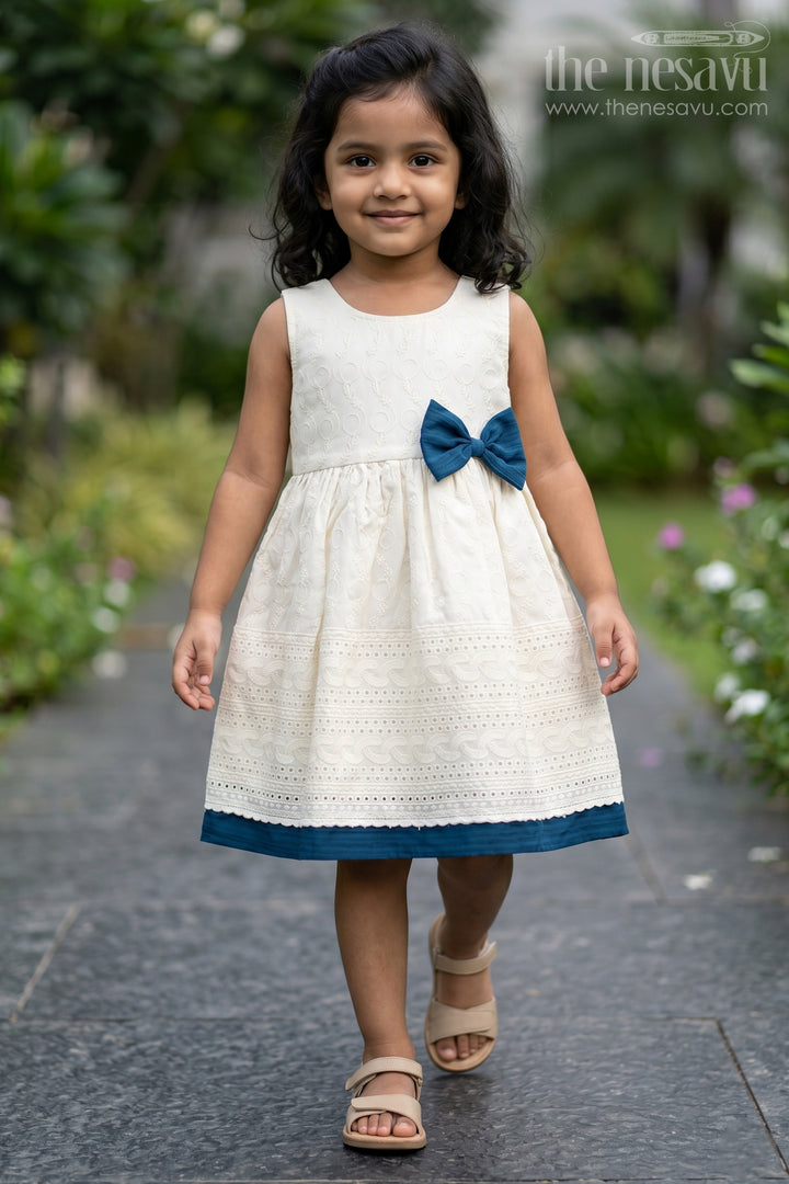 Cute Cotton Dresses with Hakoba Embroidery and Navy Bow for Girls