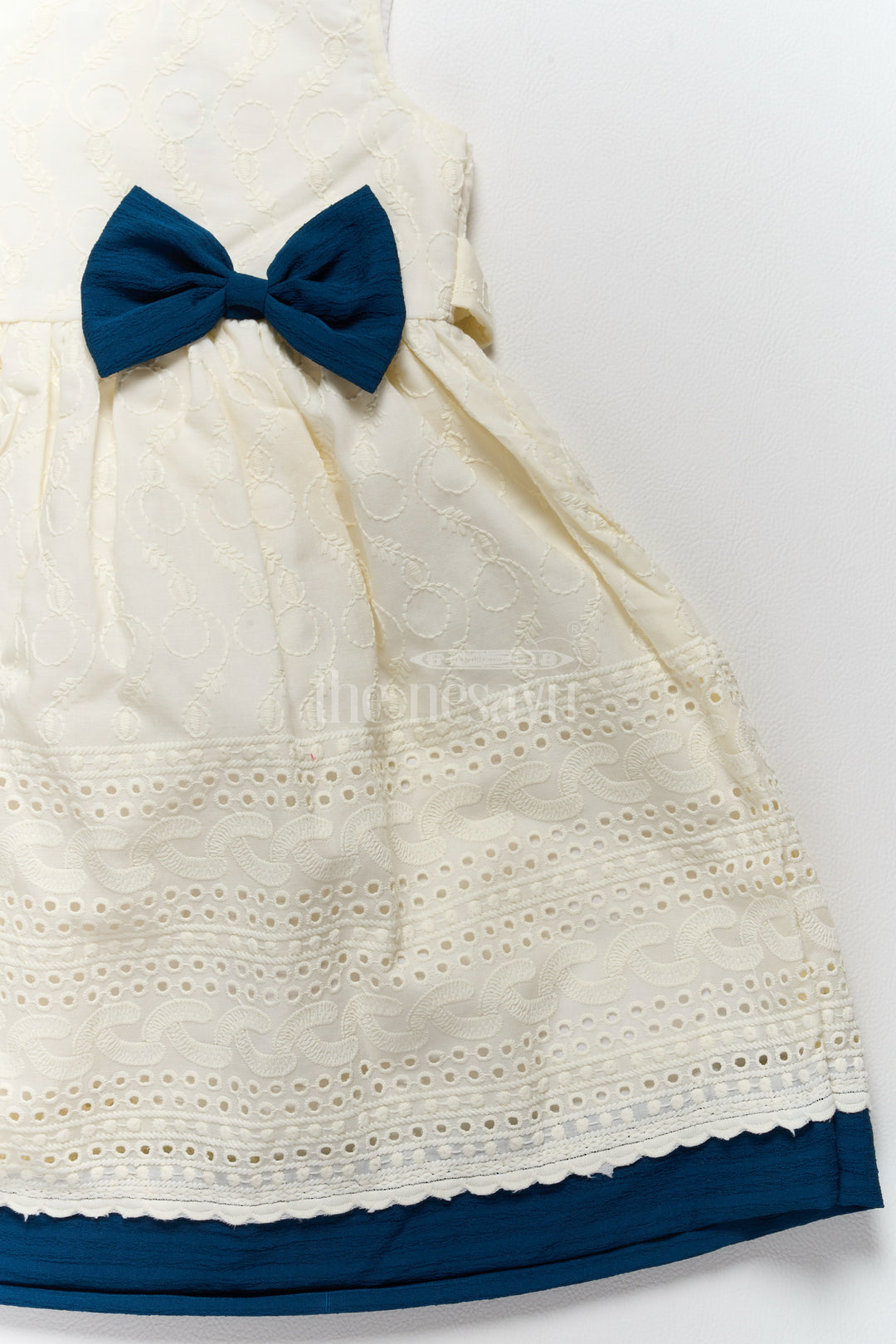 Cute Cotton Dresses with Hakoba Embroidery and Navy Bow for Girls