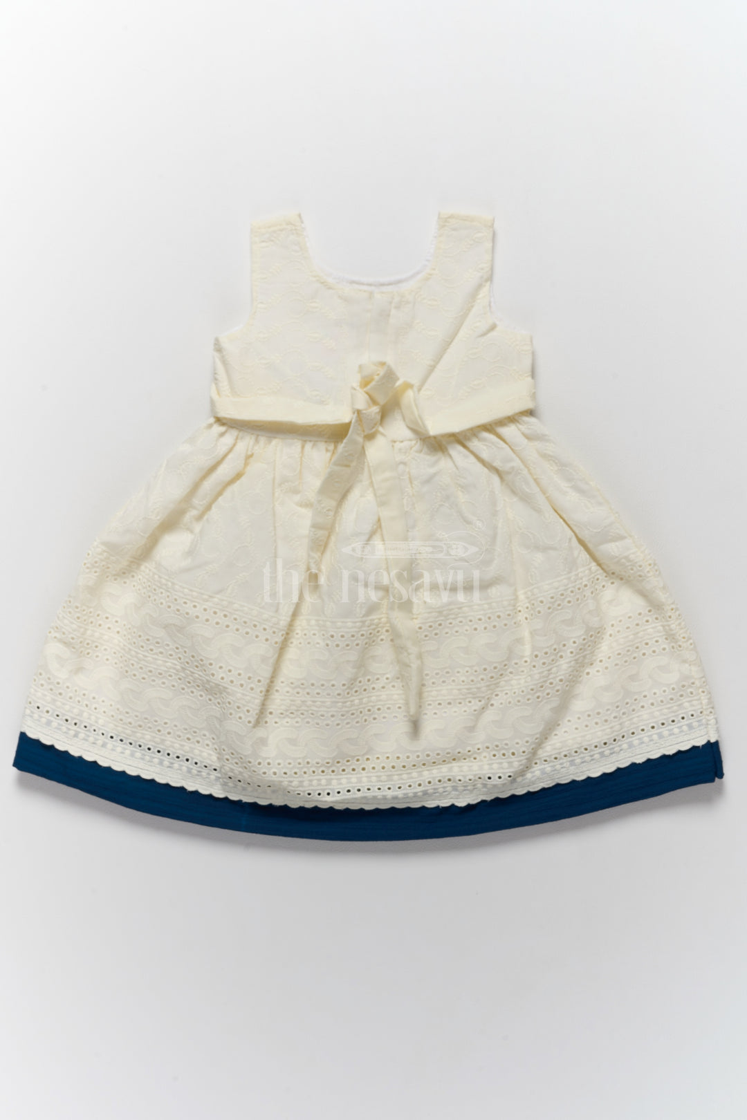 Cute Cotton Dresses with Hakoba Embroidery and Navy Bow for Girls