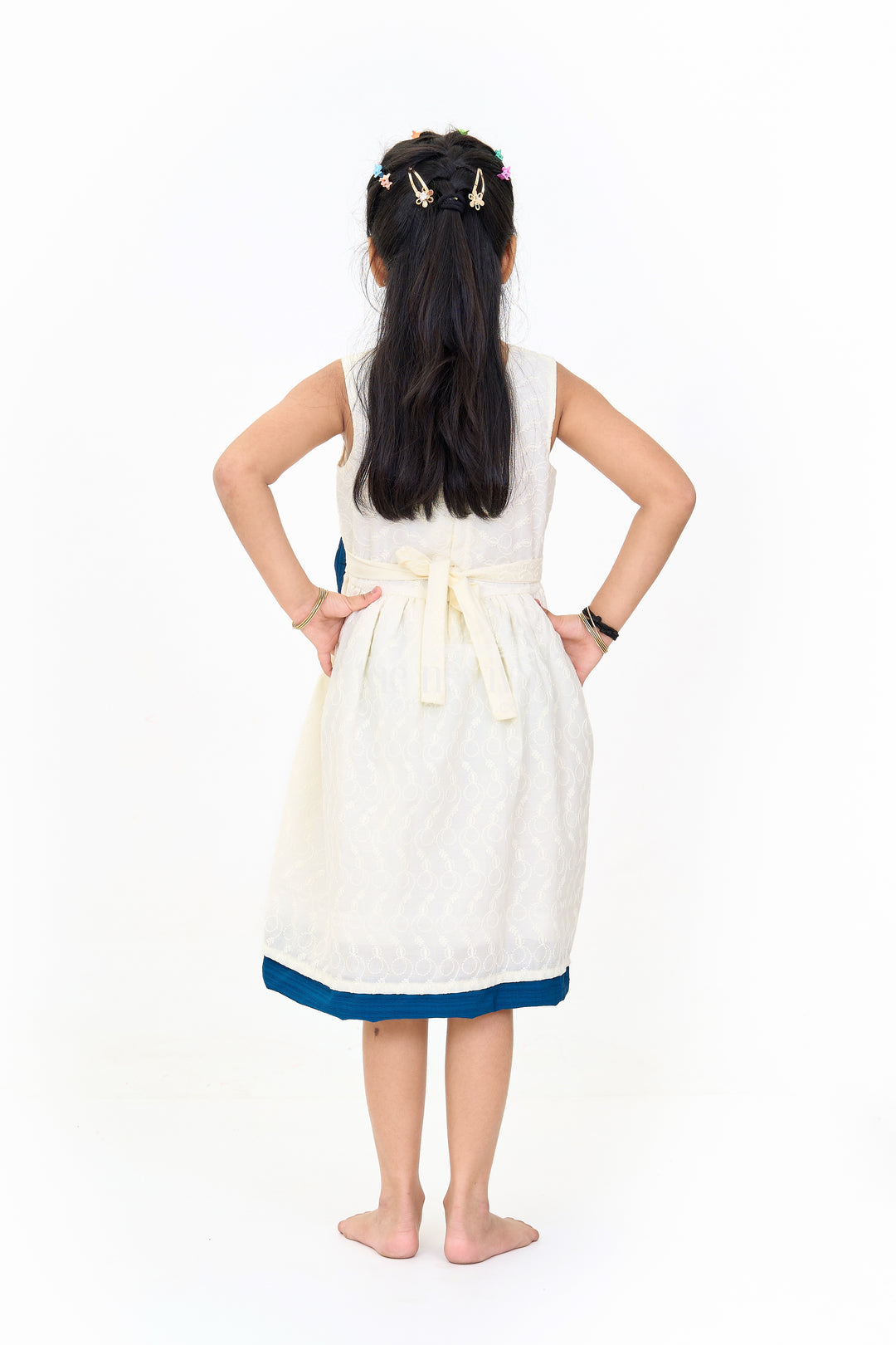 Elegant Girls White Hakoba Cotton Frock with Contrasting Bow and Delicate Detailing