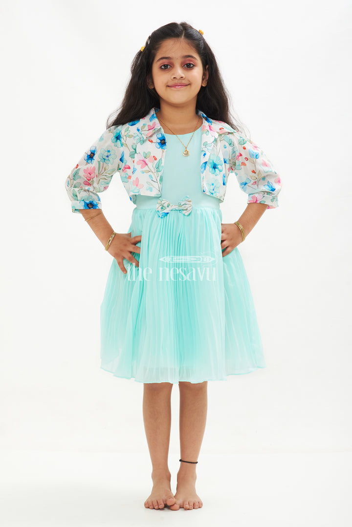 Girls Blue Layered Fancy Frock with Floral Jacket and Ruffled Hemline