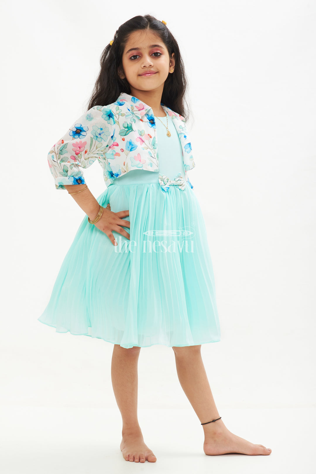 Girls Blue Layered Fancy Frock with Floral Jacket and Ruffled Hemline