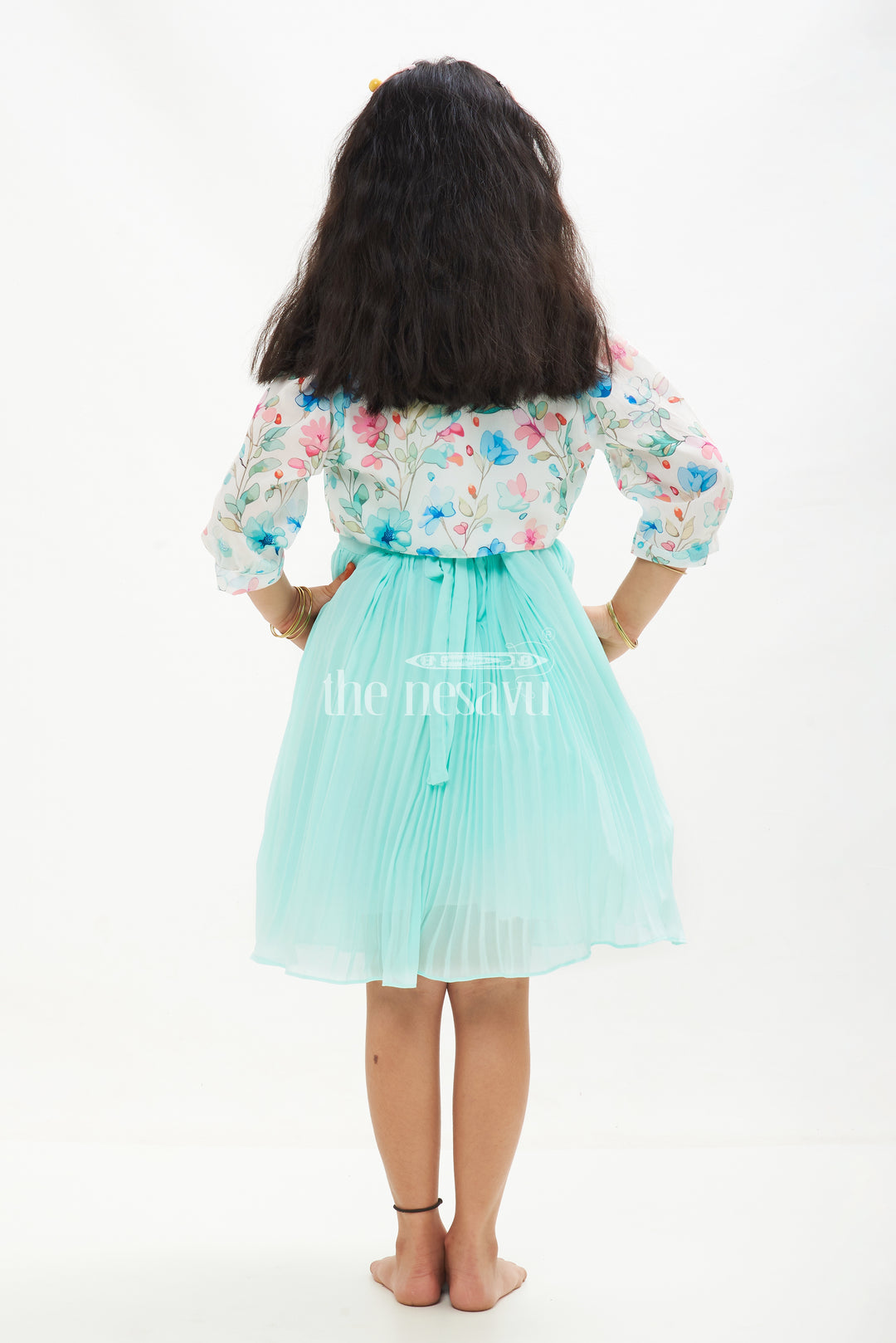 Girls Blue Layered Fancy Frock with Floral Jacket and Ruffled Hemline