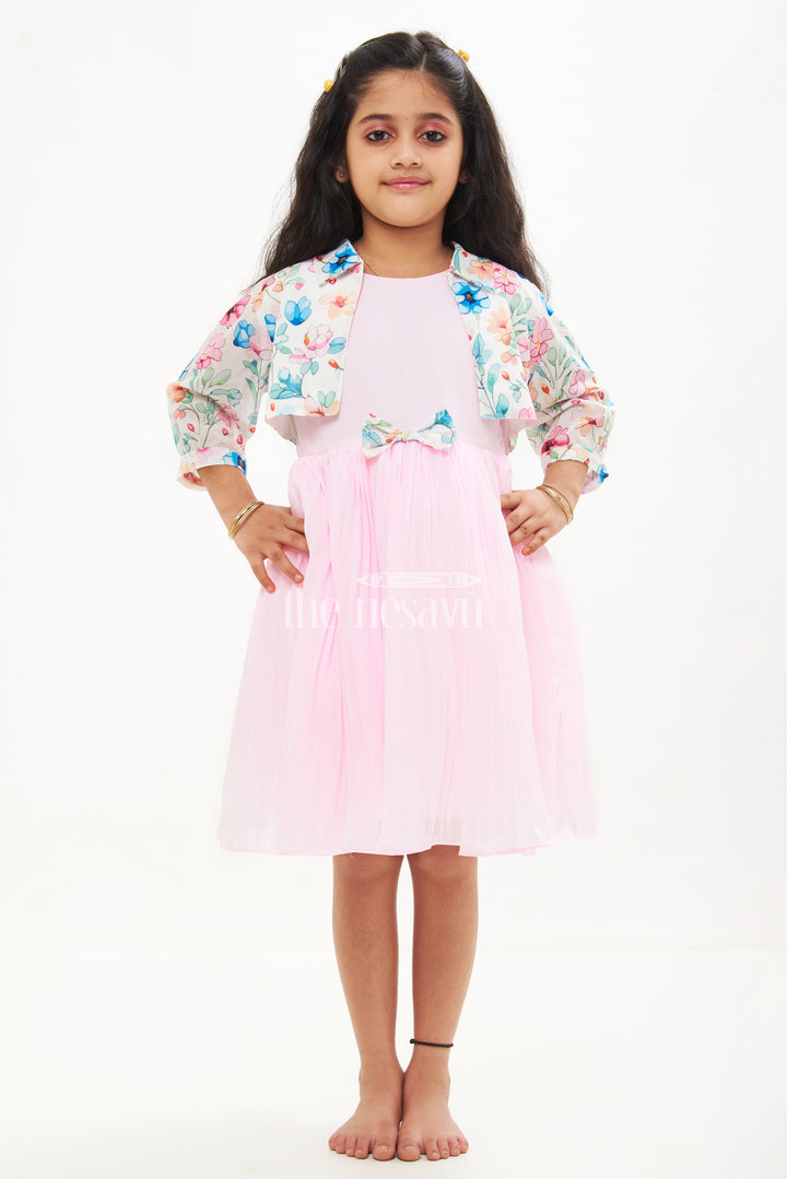 Girls Pink and Purple Fancy Frock with Pastel Floral Jacket and Ruffled Skirt