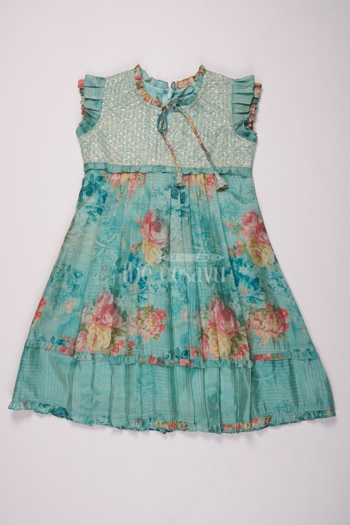 Blue Blend Silk Frock with Embroidery and Pleats