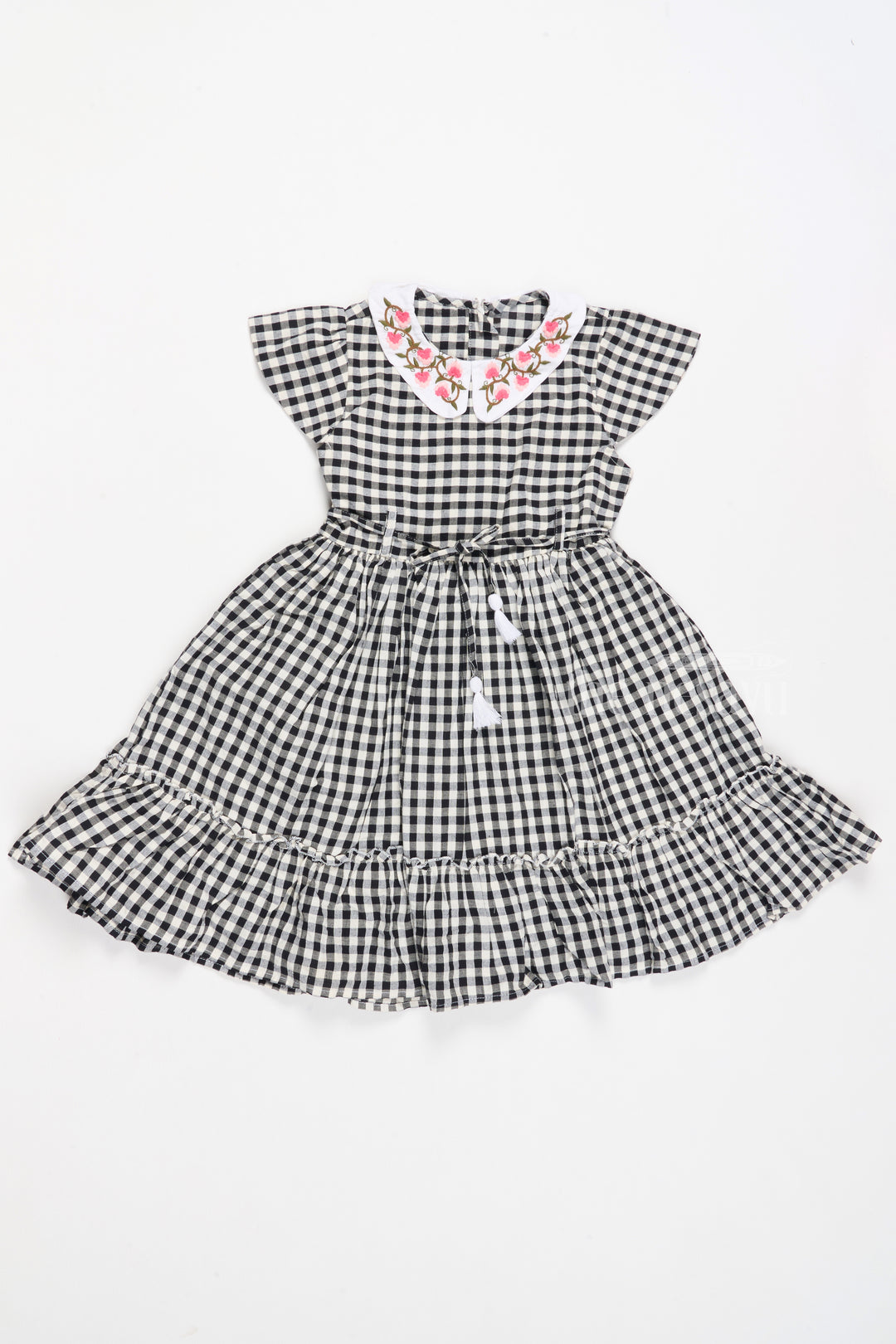 Black and White Chessboard Checked Cotton Frock with Peter Pan Collar for Girls