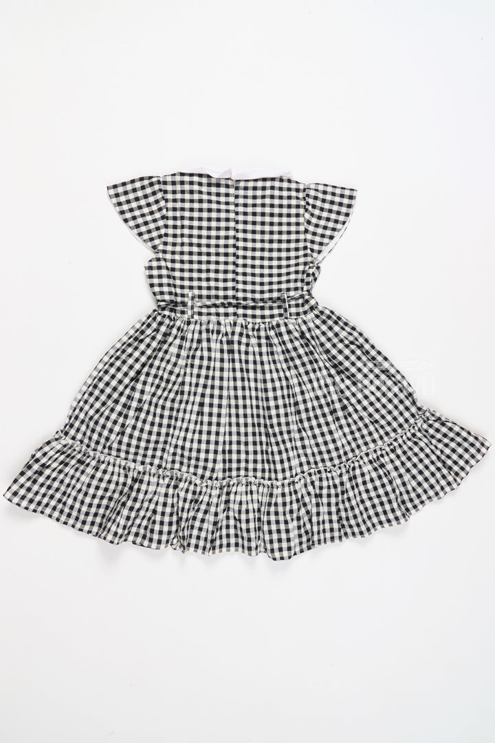 Black and White Chessboard Checked Cotton Frock with Peter Pan Collar for Girls