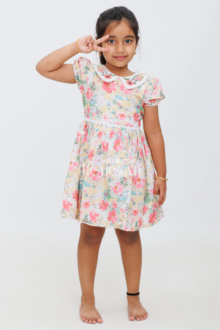 Girls Multicolor Floral Peter Pan Collar Frock with Puff Sleeves - Playful Party Dress