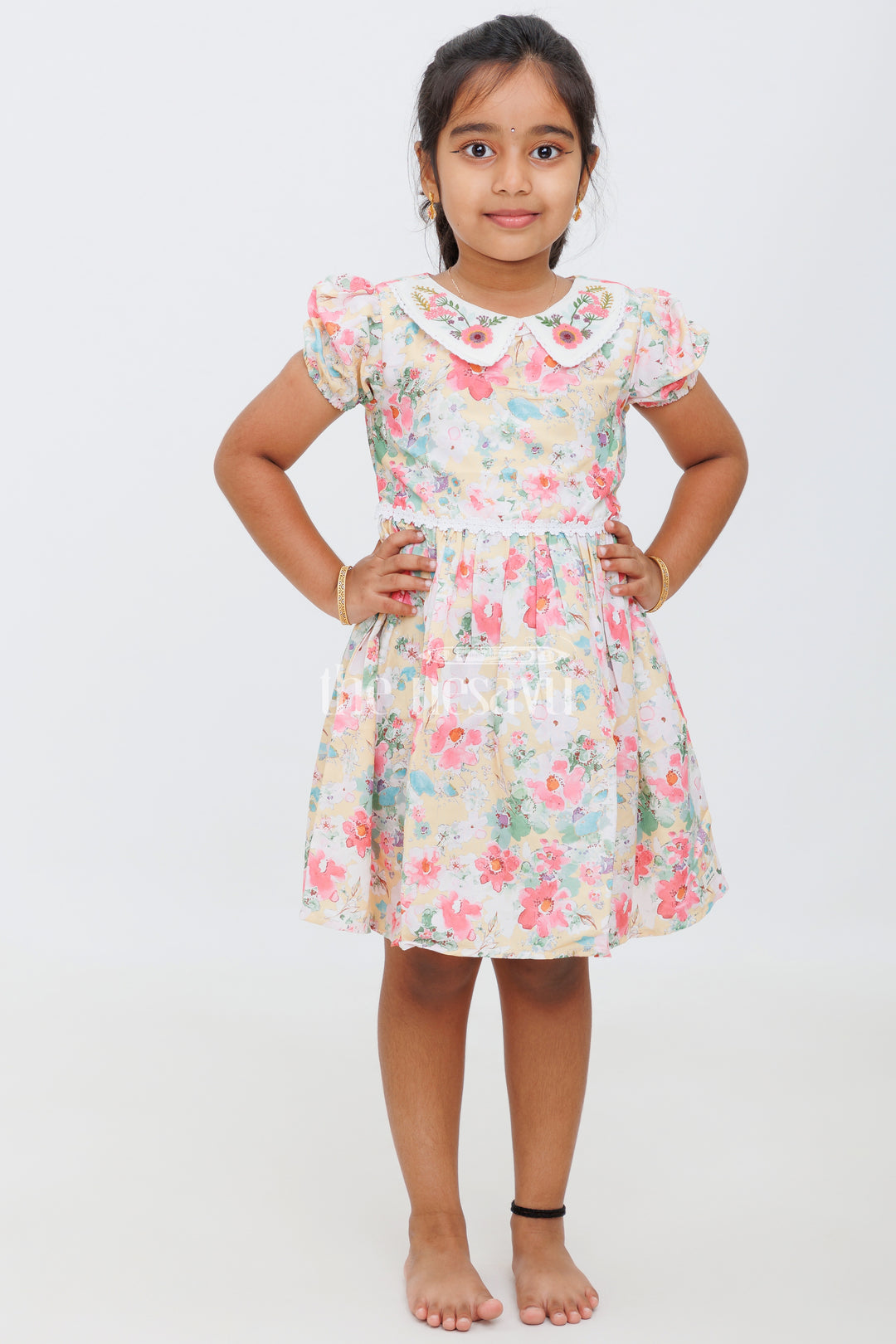 Girls Multicolor Floral Peter Pan Collar Frock with Puff Sleeves - Playful Party Dress