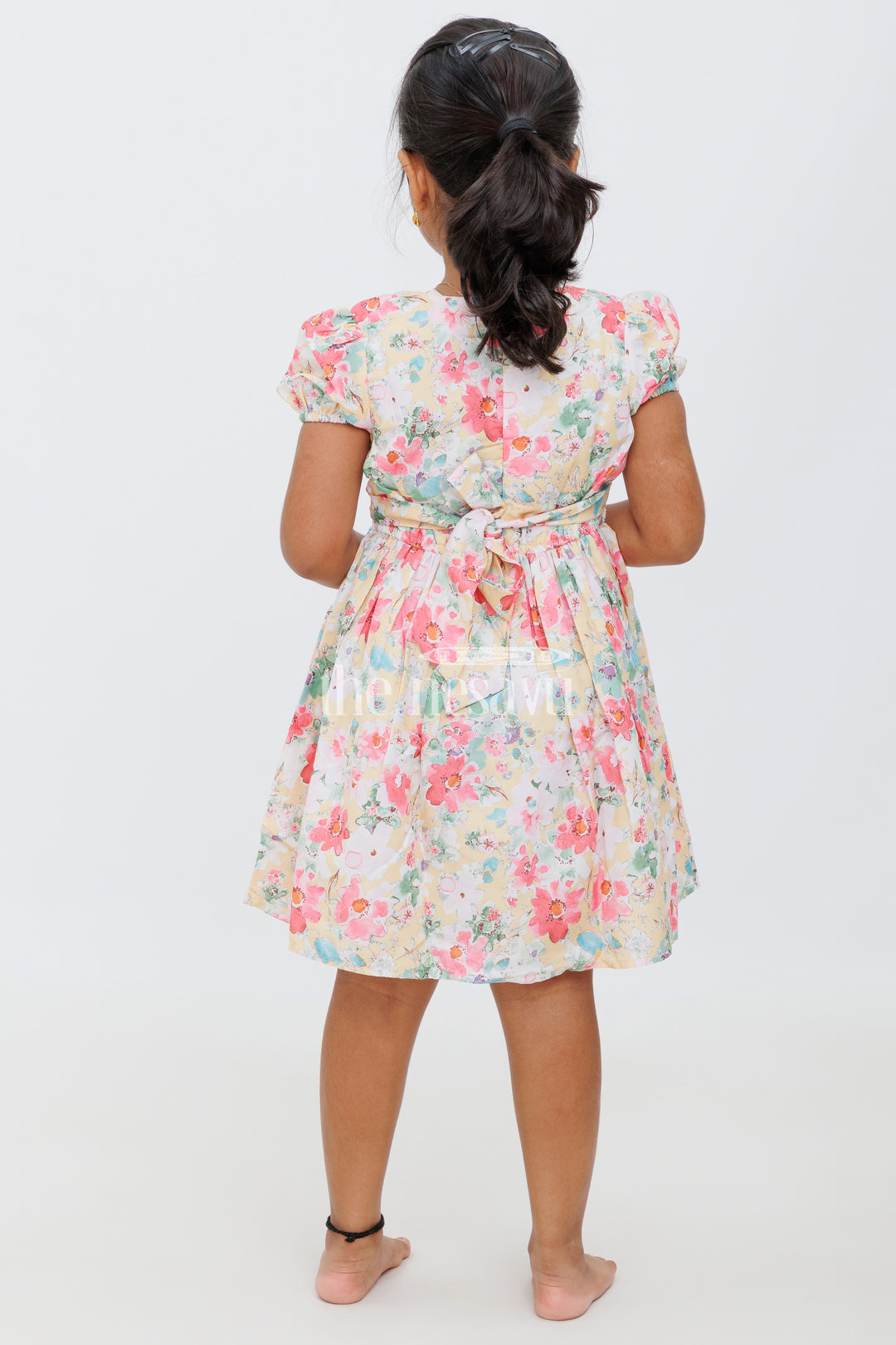 Girls Multicolor Floral Peter Pan Collar Frock with Puff Sleeves - Playful Party Dress