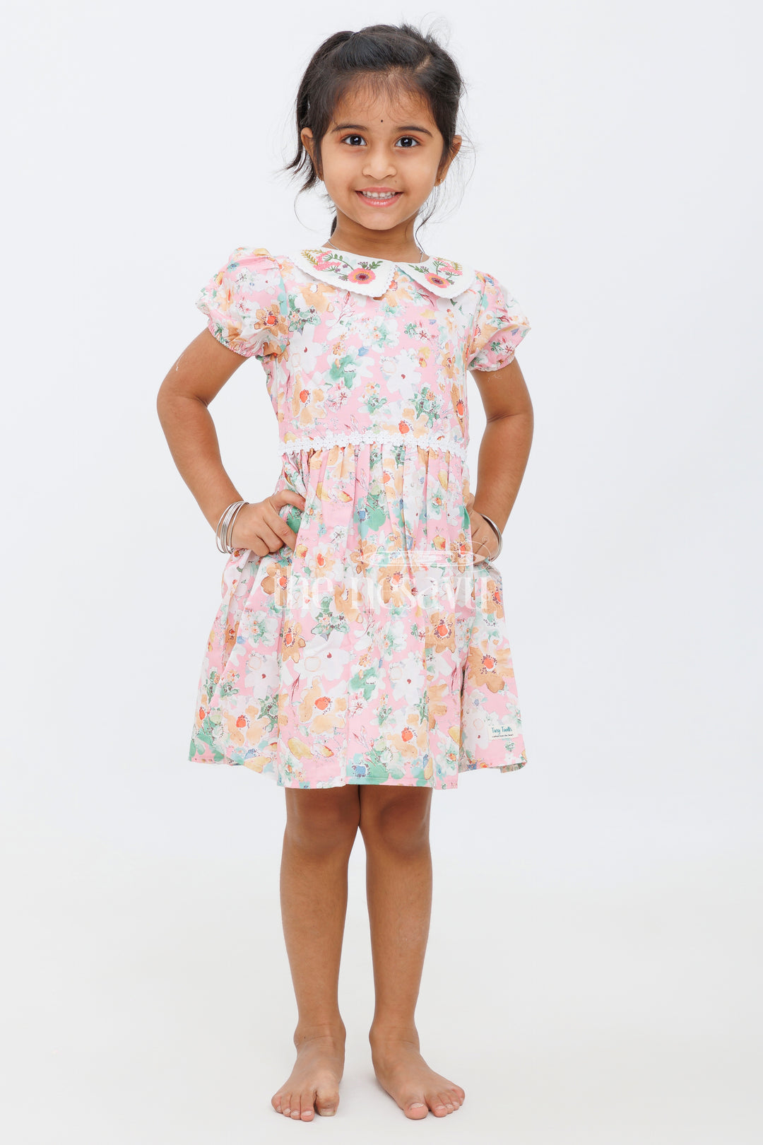 Girls Pink Floral Peter Pan Collar Dress with Puff Sleeves and Lace Band - Party Short Frock