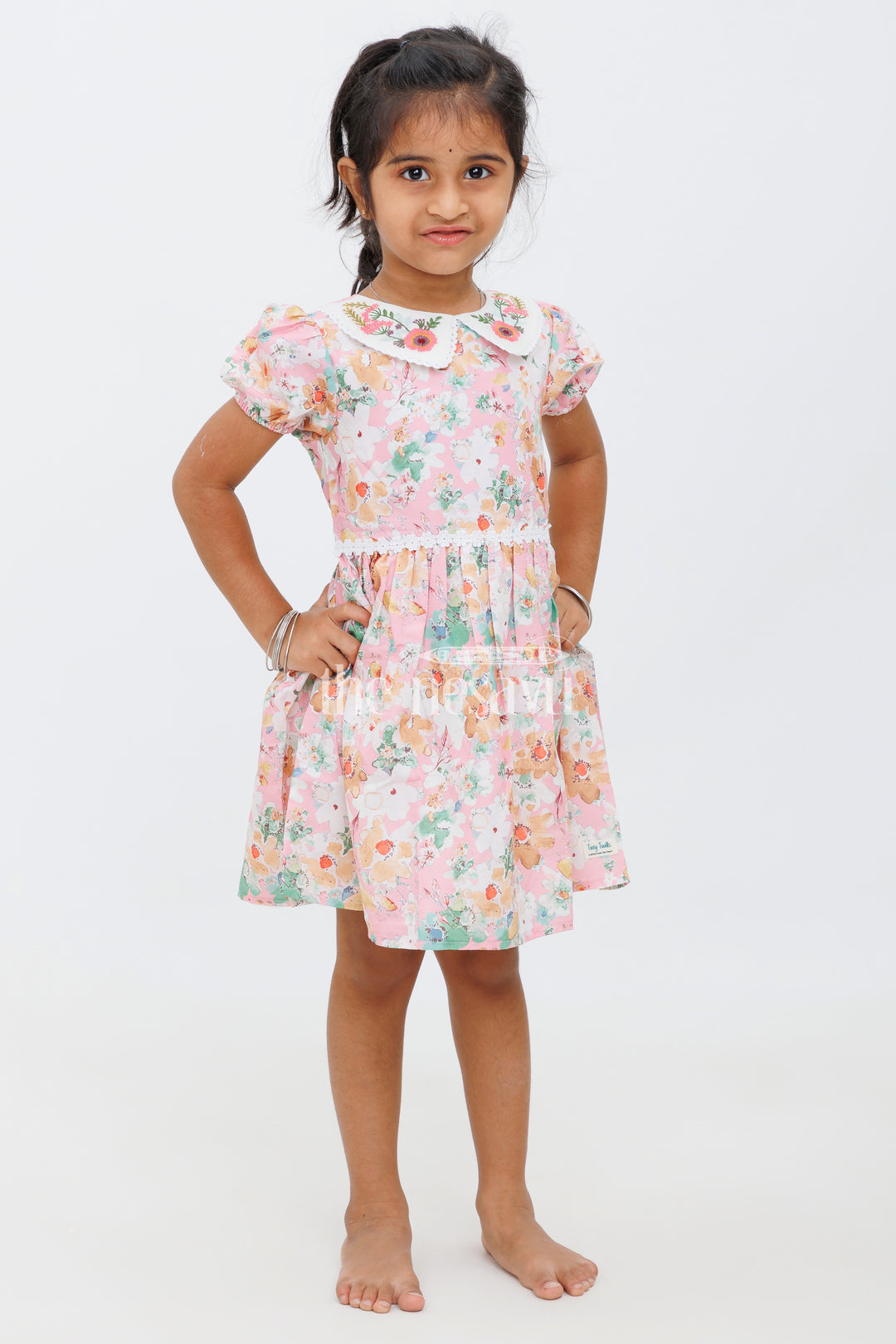 Girls Pink Floral Peter Pan Collar Dress with Puff Sleeves and Lace Band - Party Short Frock