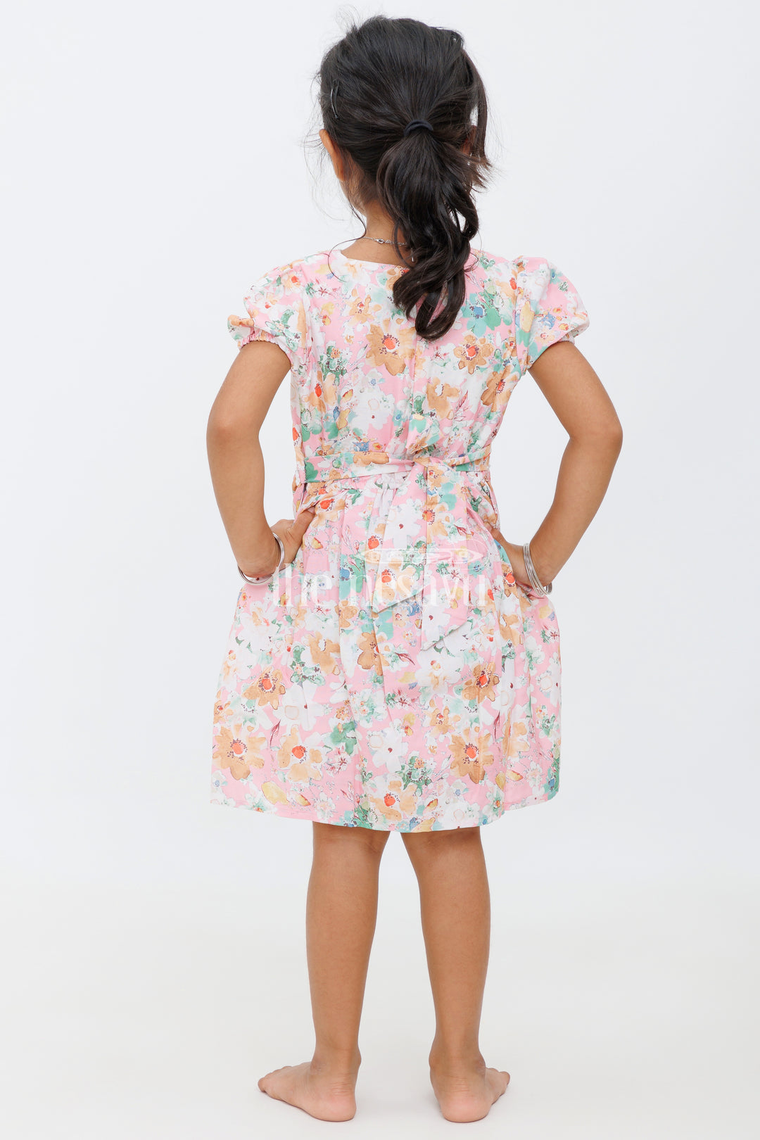 Girls Pink Floral Peter Pan Collar Dress with Puff Sleeves and Lace Band - Party Short Frock