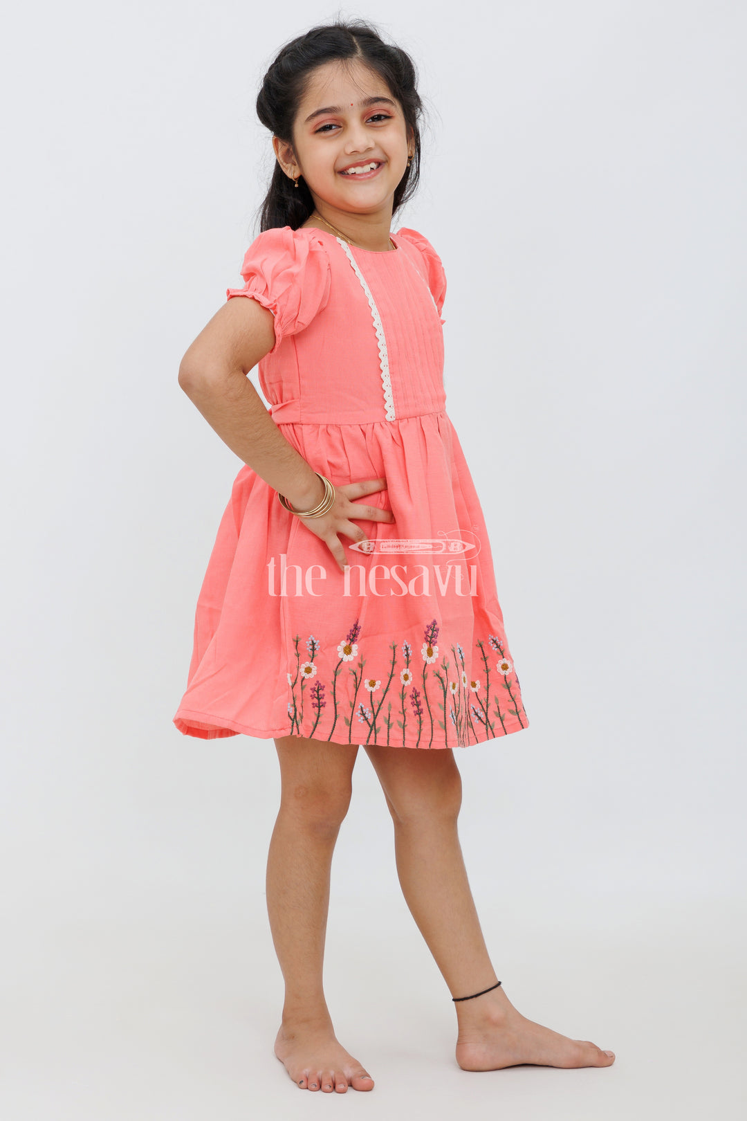 Girls Rose Pink Frock with Pintuck Pleats and Embroidered Hemline - Western Party Frock