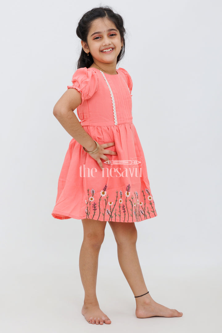 Girls Rose Pink Frock with Pintuck Pleats and Embroidered Hemline - Western Party Frock