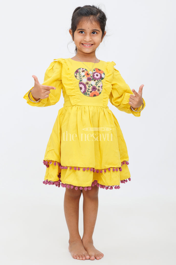 Girls Mustard Yellow Dress with Floral Embroidery and Ruffled Trim - Party Short Frock