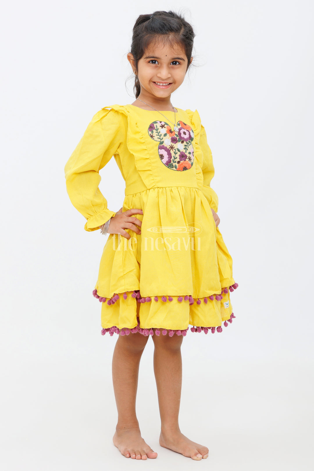 Girls Mustard Yellow Dress with Floral Embroidery and Ruffled Trim - Party Short Frock