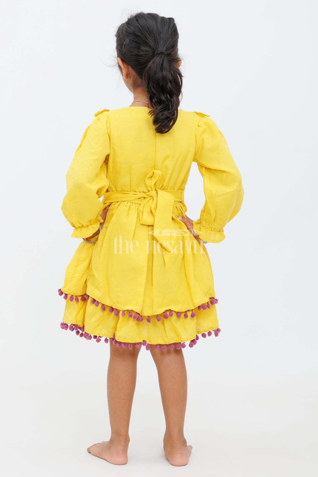 Girls Mustard Yellow Dress with Floral Embroidery and Ruffled Trim - Party Short Frock