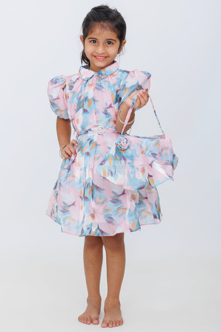 Girls Pastel Floral Fancy Mini Dress with Puffed Sleeves and Belted Waist for Summer Parties